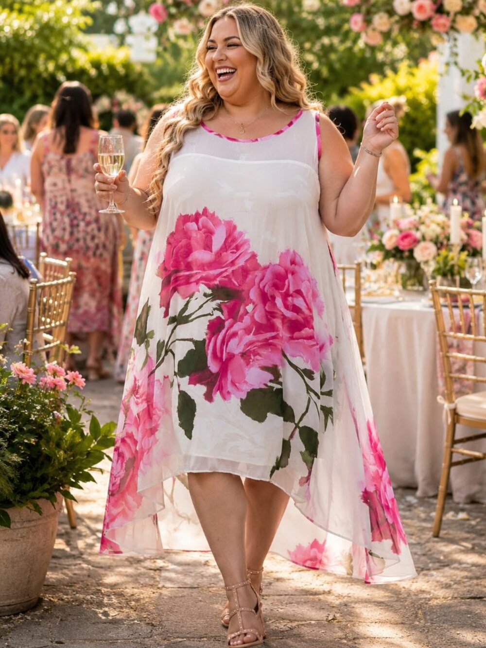 Robbie Bee White Pink Rose Print Sleeveless High-Low Dress Size 16
